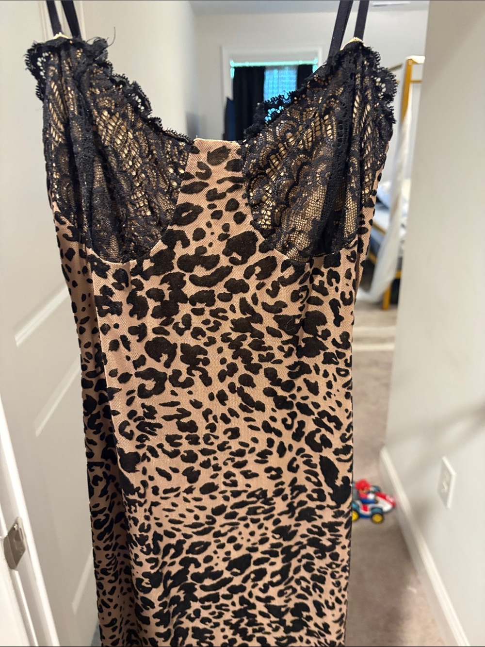 Leopard Print Slip Dress with Black Lace Trim